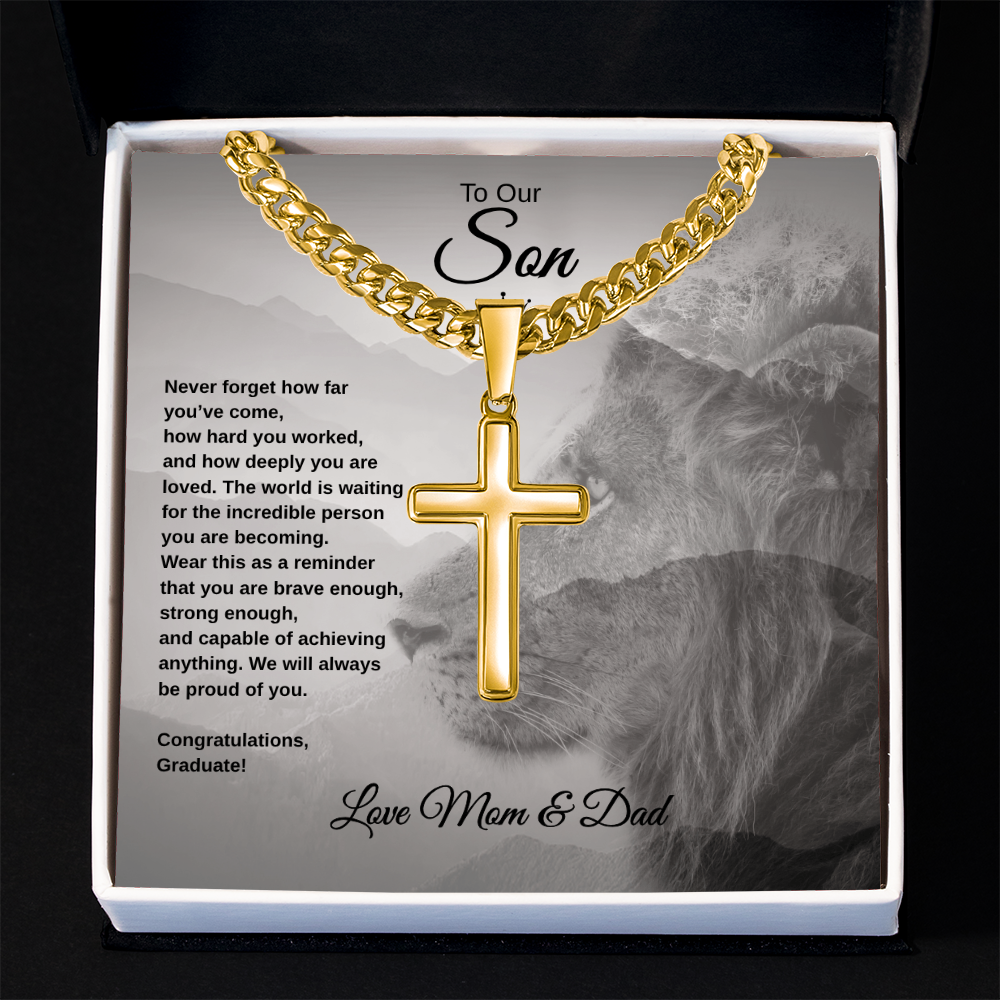 Gift To Our Son From Mom & Dad “Never Forget How far You've Come” Cross with Link Chain Necklace