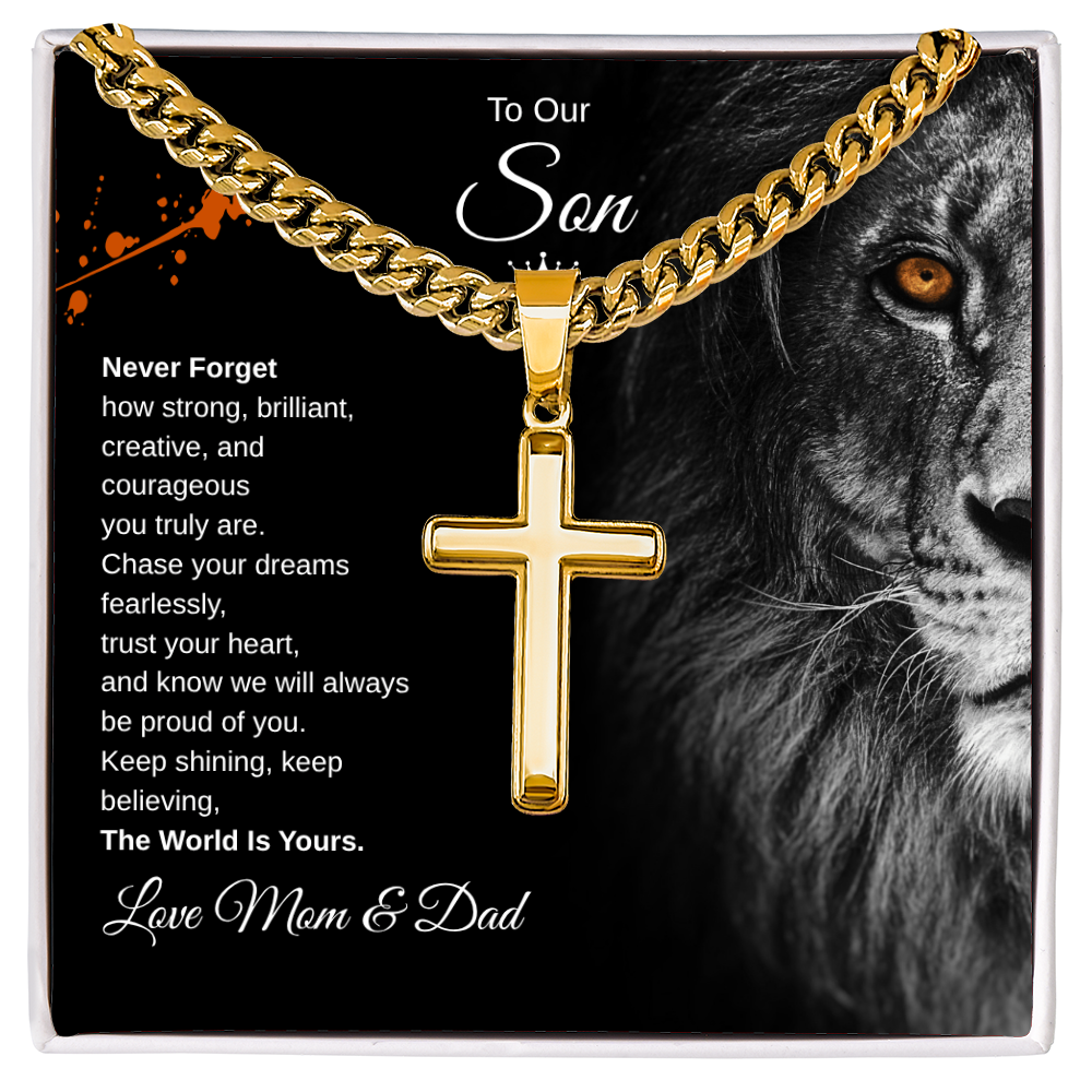 Gift To Our Son From Mom & Dad “The World Is Yours” Cross with Link Chain Necklace