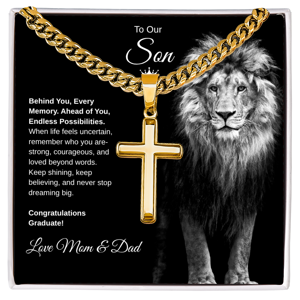 Gift To Our Son From Mom & Dad “Never Stop Dreaming Big” Cross with Link Chain Necklace