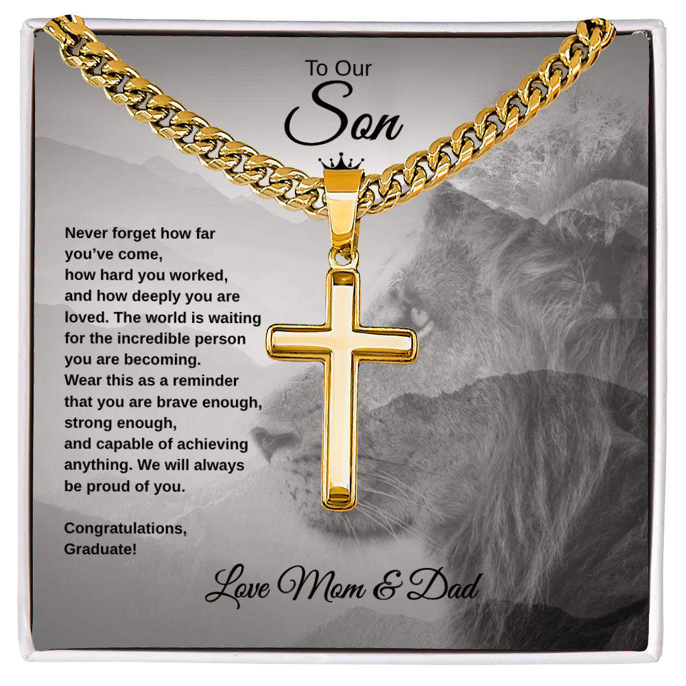 Gift To Our Son From Mom & Dad “Never Forget How far You've Come” Cross with Link Chain Necklace