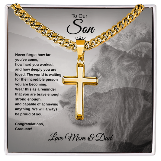 Gift To Our Son From Mom & Dad “Never Forget How far You've Come” Cross with Link Chain Necklace