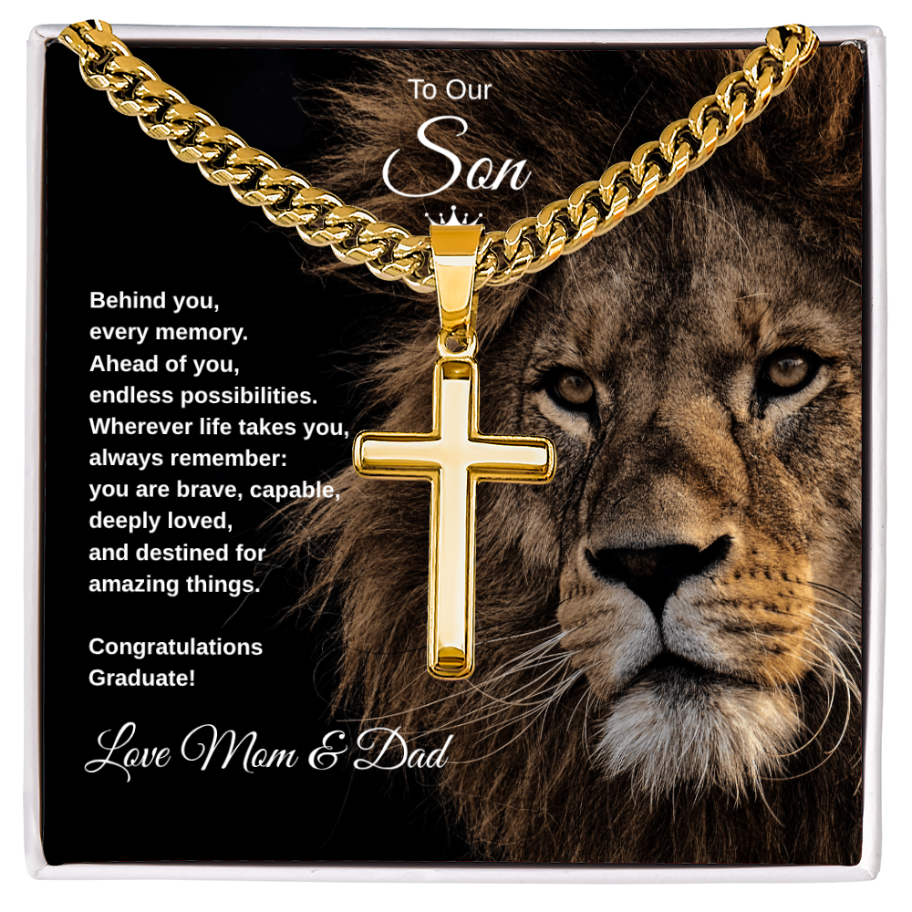 Gift To Our Son From Mom & Dad “You Are Destined For Amazing Things” Cross with Link Chain Necklace