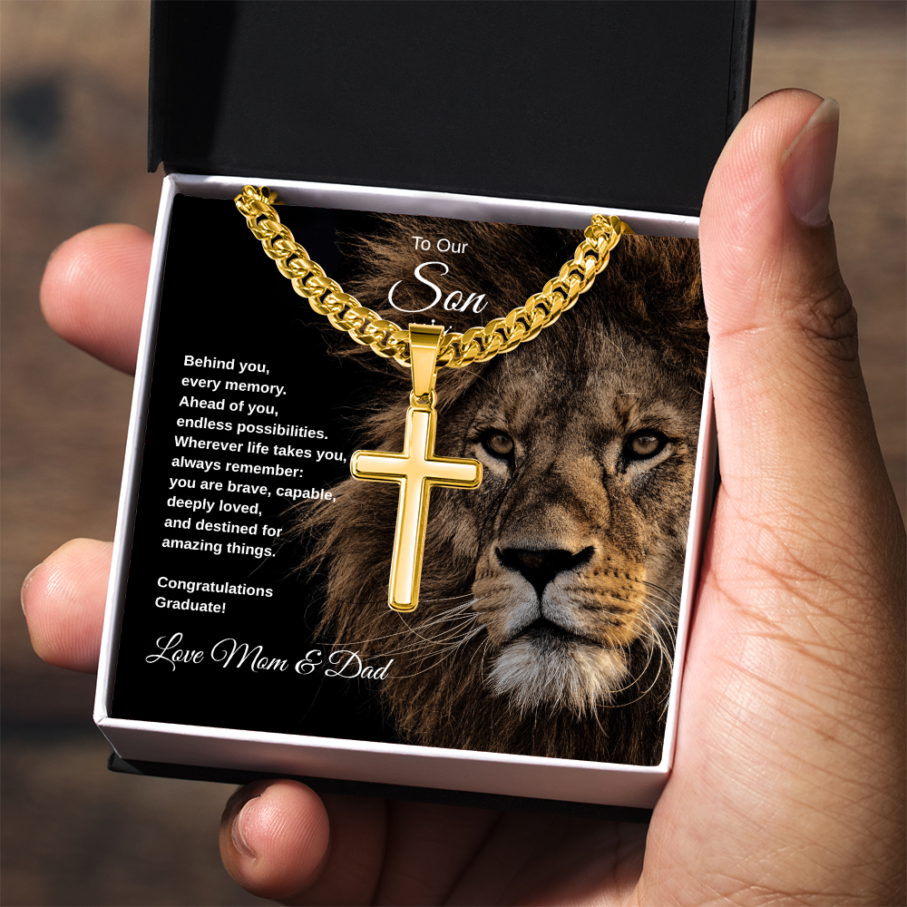 Gift To Our Son From Mom & Dad “You Are Destined For Amazing Things” Cross with Link Chain Necklace