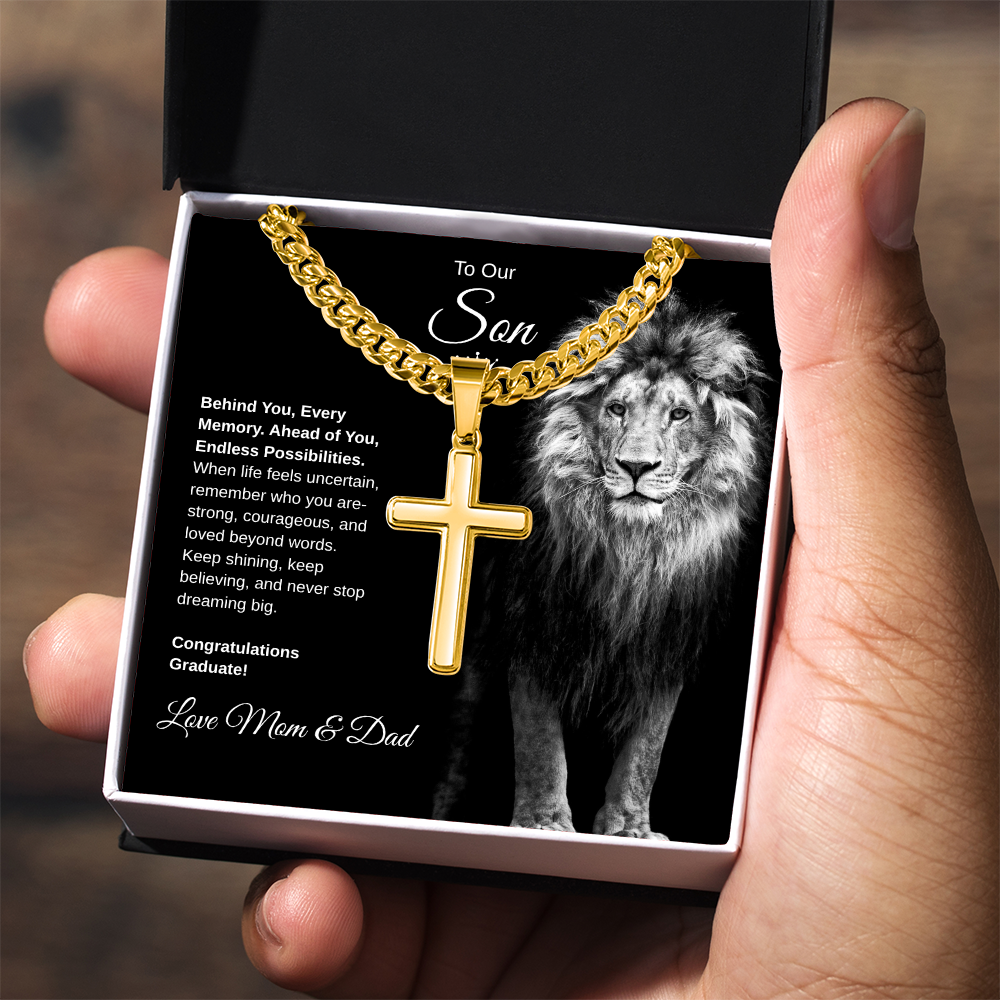Gift To Our Son From Mom & Dad “Never Stop Dreaming Big” Cross with Link Chain Necklace