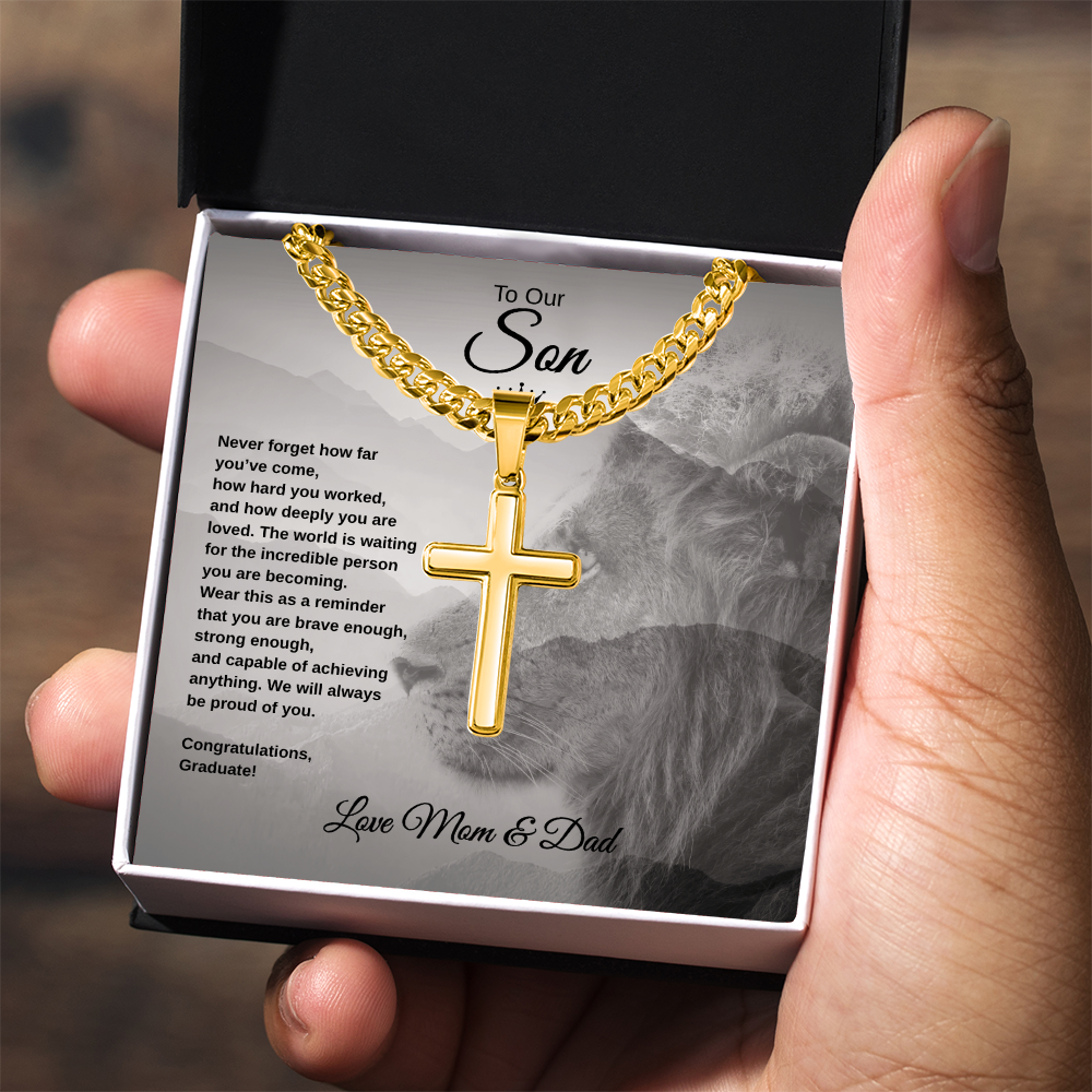 Gift To Our Son From Mom & Dad “Never Forget How far You've Come” Cross with Link Chain Necklace