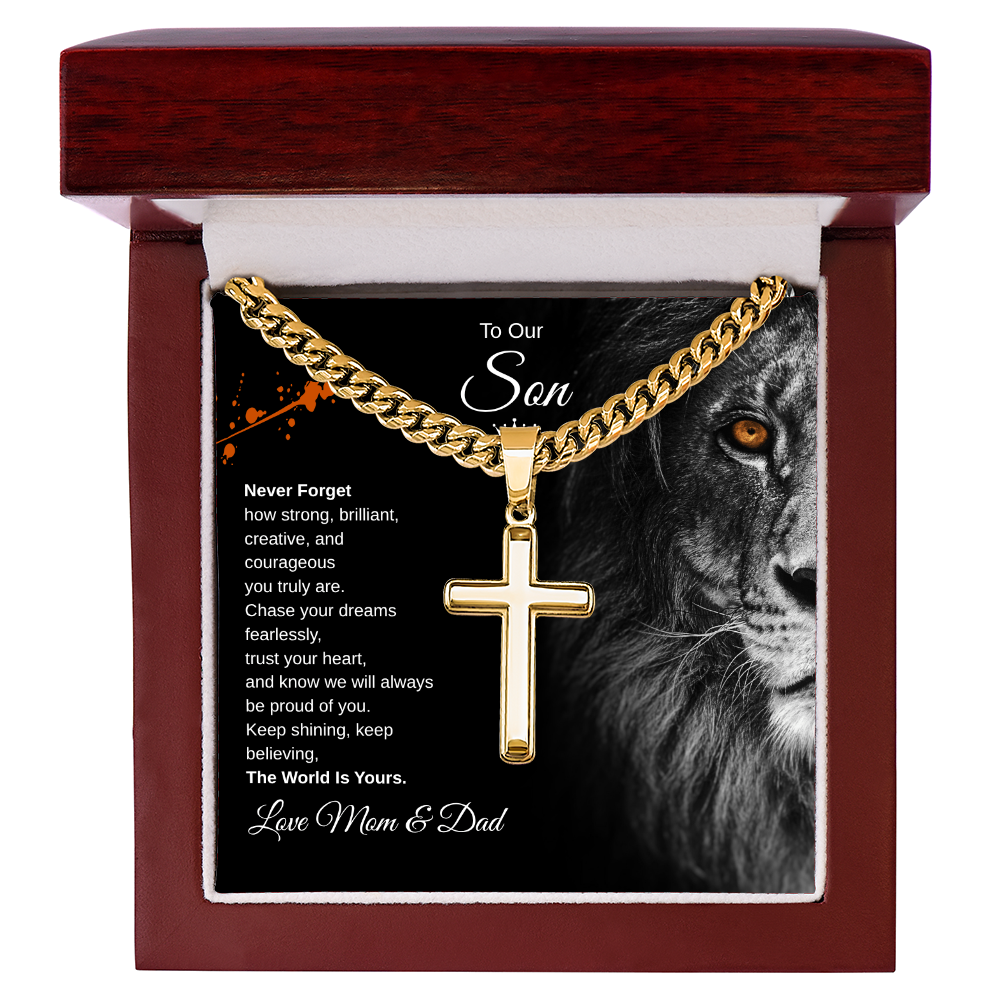Gift To Our Son From Mom & Dad “The World Is Yours” Cross with Link Chain Necklace