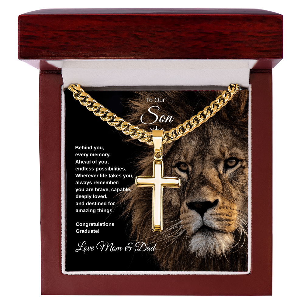 Gift To Our Son From Mom & Dad “You Are Destined For Amazing Things” Cross with Link Chain Necklace