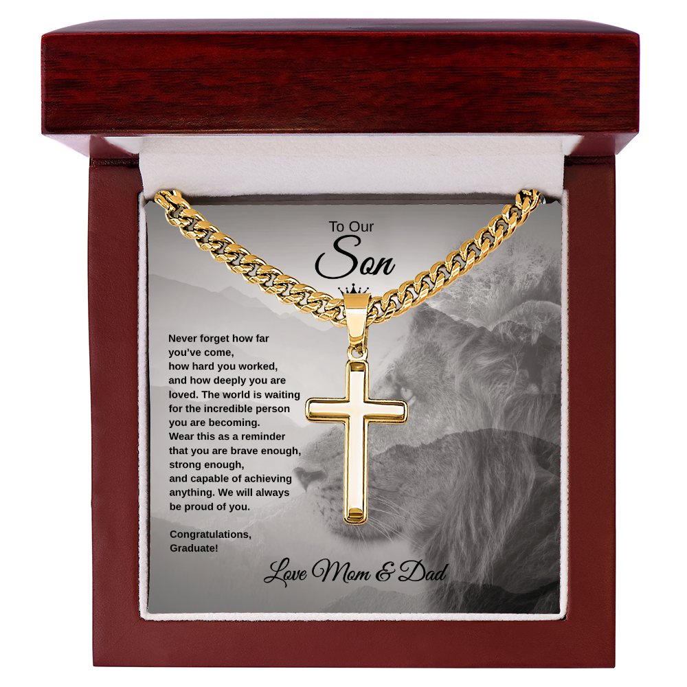 Gift To Our Son From Mom & Dad “Never Forget How far You've Come” Cross with Link Chain Necklace