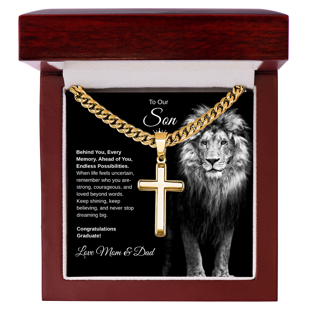 Gift To Our Son From Mom & Dad “Never Stop Dreaming Big” Cross with Link Chain Necklace