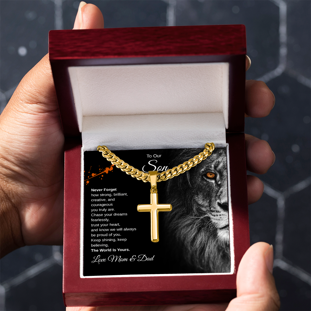 Gift To Our Son From Mom & Dad “The World Is Yours” Cross with Link Chain Necklace