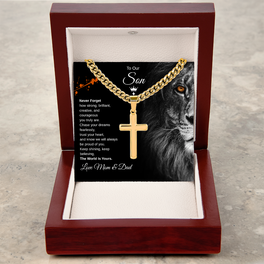 Gift To Our Son From Mom & Dad “The World Is Yours” Cross with Link Chain Necklace