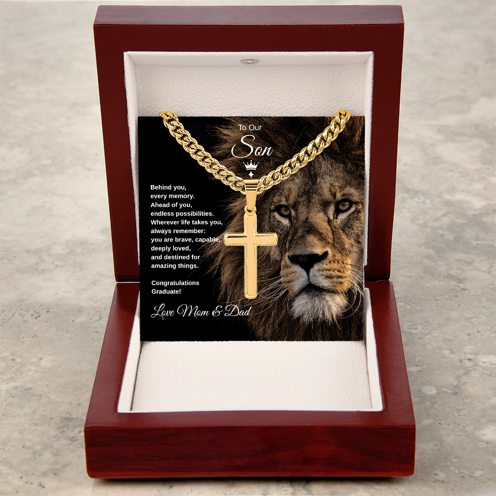 Gift To Our Son From Mom & Dad “You Are Destined For Amazing Things” Cross with Link Chain Necklace