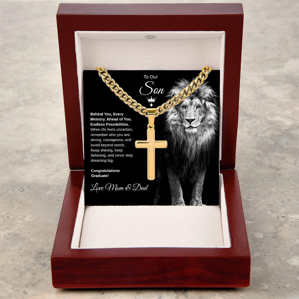 Gift To Our Son From Mom & Dad “Never Stop Dreaming Big” Cross with Link Chain Necklace