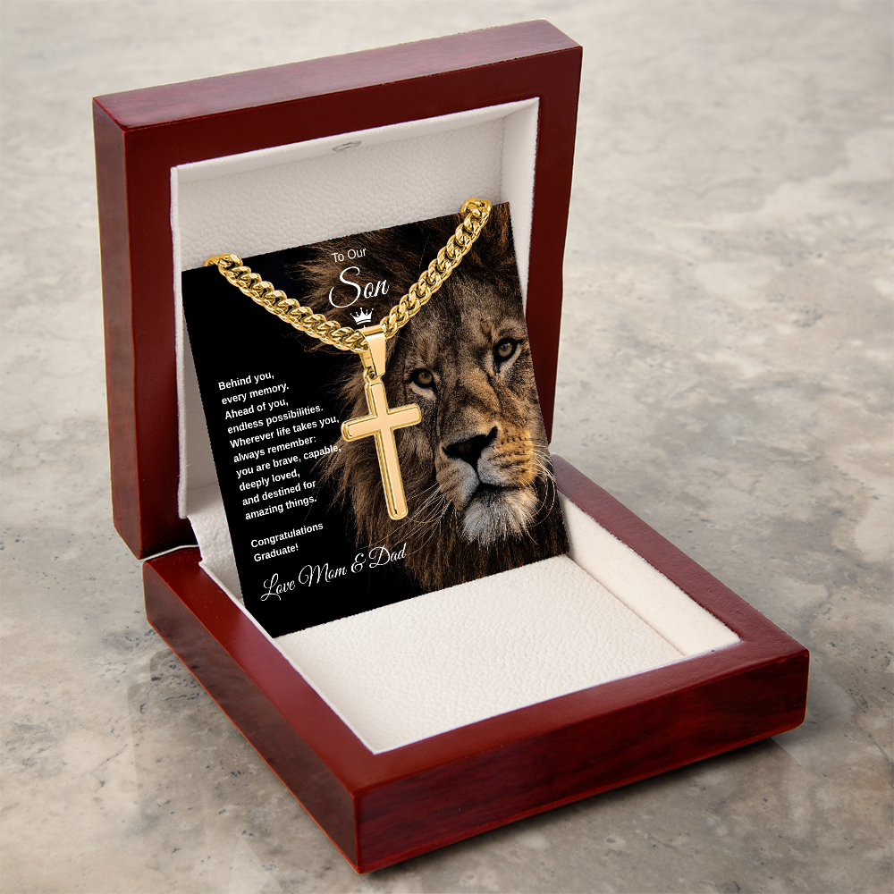 Gift To Our Son From Mom & Dad “You Are Destined For Amazing Things” Cross with Link Chain Necklace