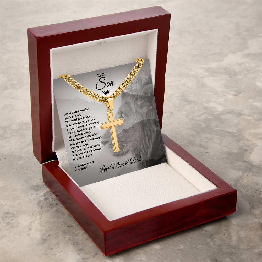 Gift To Our Son From Mom & Dad “Never Forget How far You've Come” Cross with Link Chain Necklace