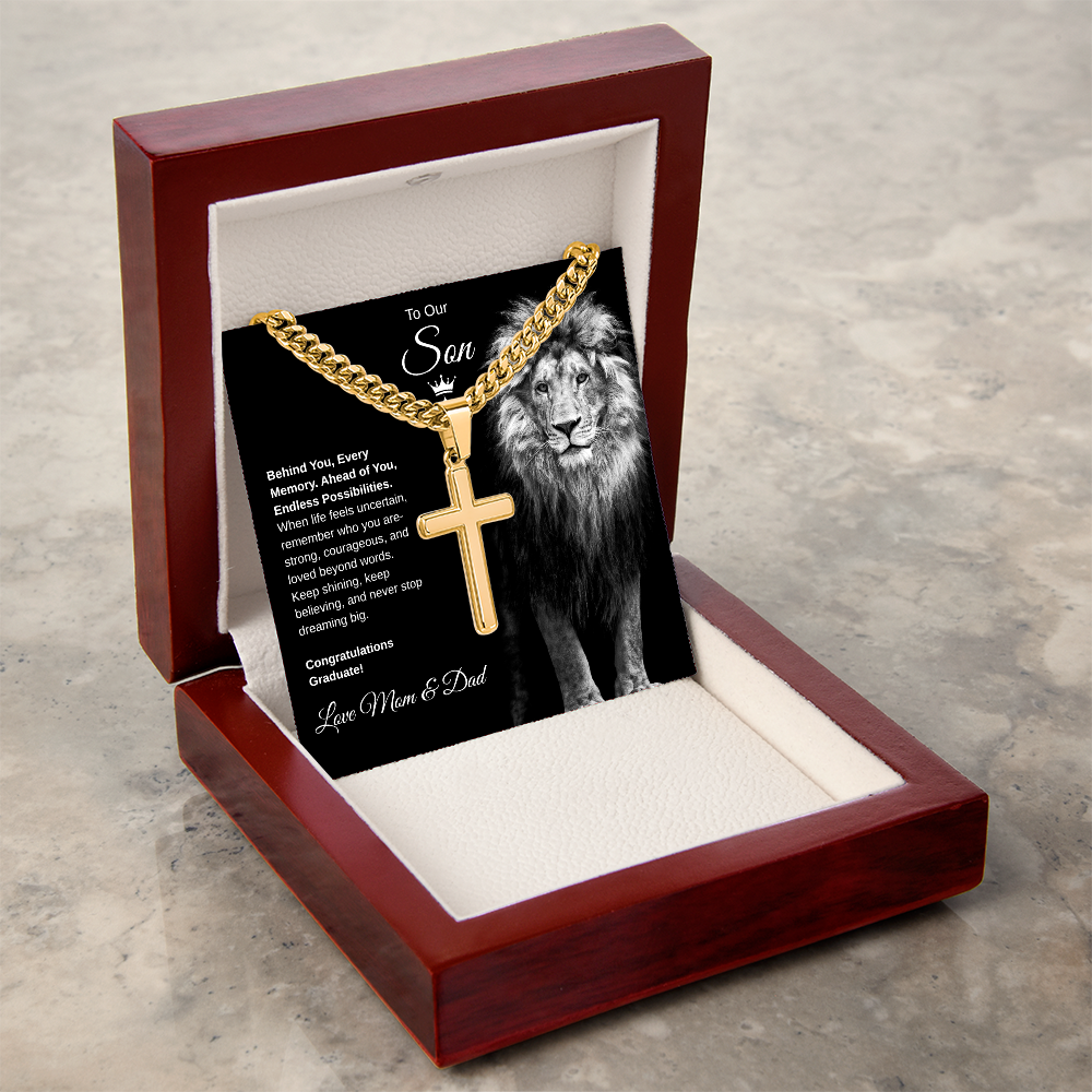 Gift To Our Son From Mom & Dad “Never Stop Dreaming Big” Cross with Link Chain Necklace