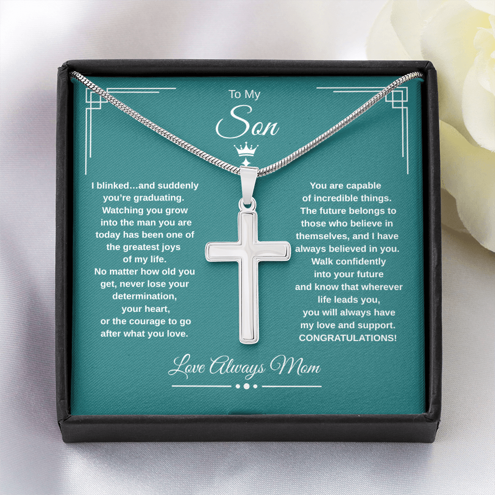 Gift To My Son From Mom “I Blinked…And Suddenly You're Graduating” Cross with Link Chain Necklace