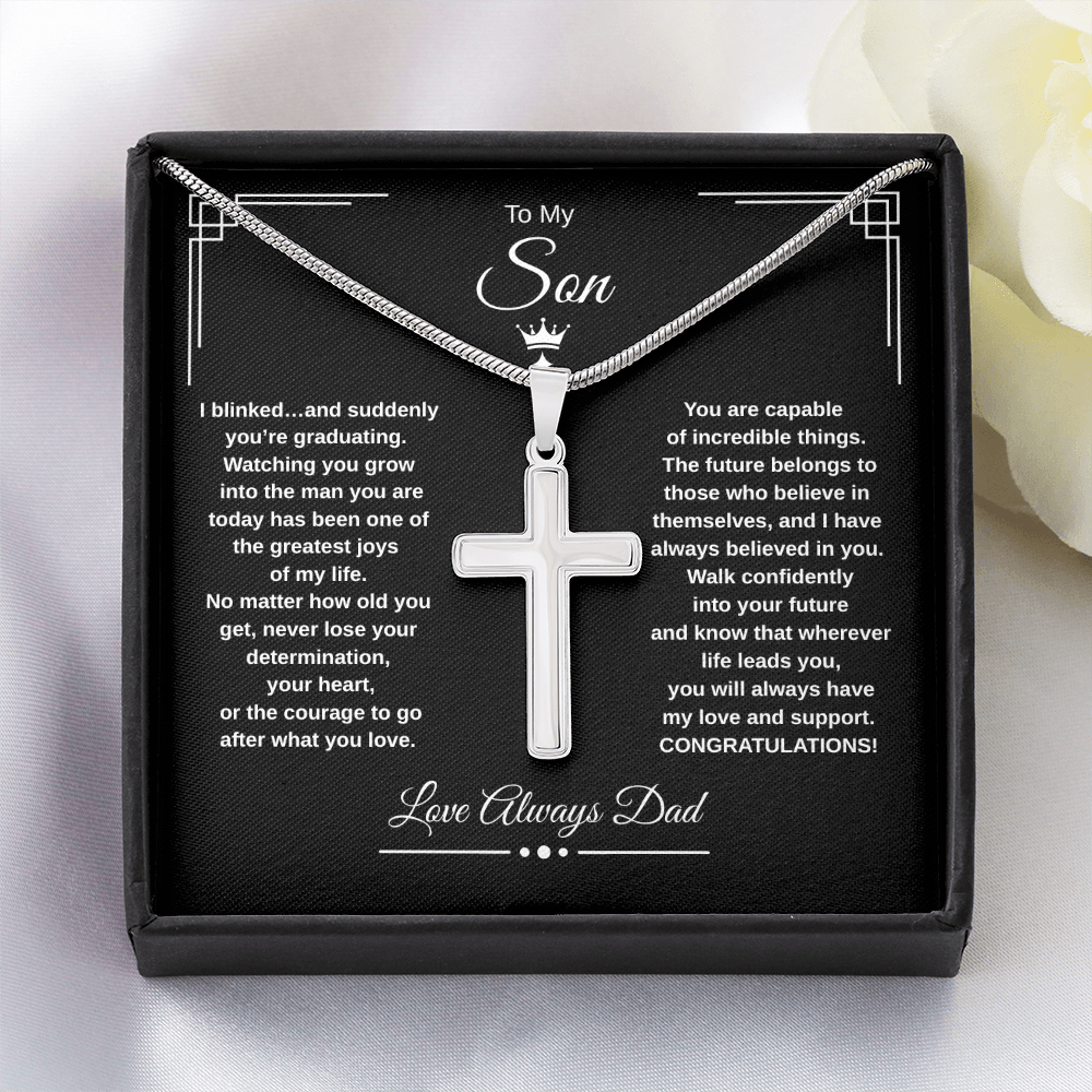 Gift To My Son From Dad “I Blinked…And Suddenly You're Graduating” Cross with Link Chain Necklace