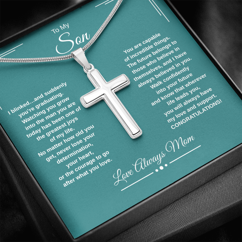 Gift To My Son From Mom “I Blinked…And Suddenly You're Graduating” Cross with Link Chain Necklace