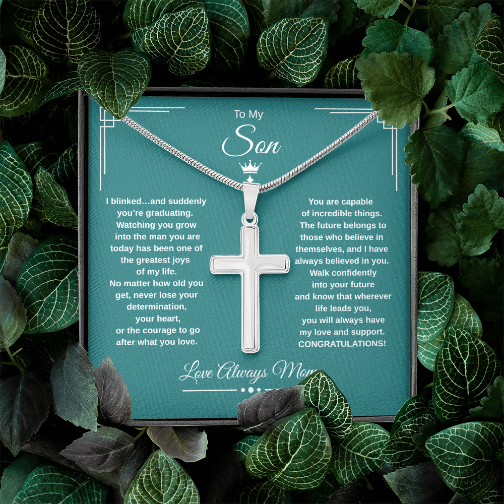 Gift To My Son From Mom “I Blinked…And Suddenly You're Graduating” Cross with Link Chain Necklace