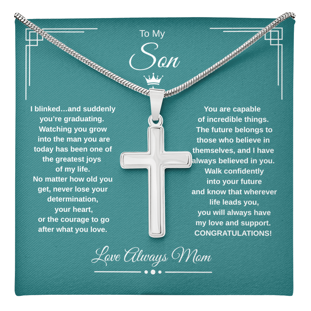 Gift To My Son From Mom “I Blinked…And Suddenly You're Graduating” Cross with Link Chain Necklace