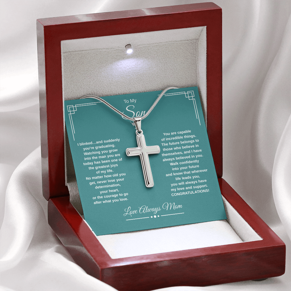 Gift To My Son From Mom “I Blinked…And Suddenly You're Graduating” Cross with Link Chain Necklace
