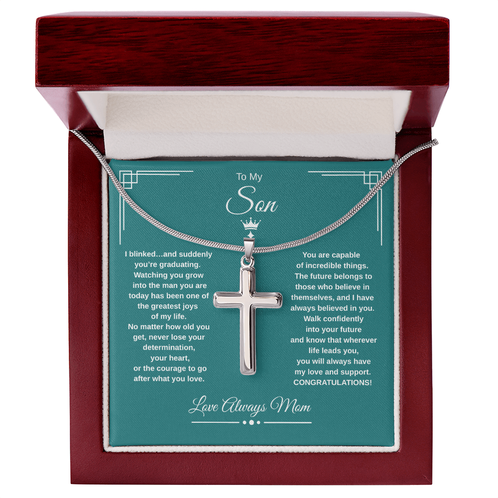 Gift To My Son From Mom “I Blinked…And Suddenly You're Graduating” Cross with Link Chain Necklace