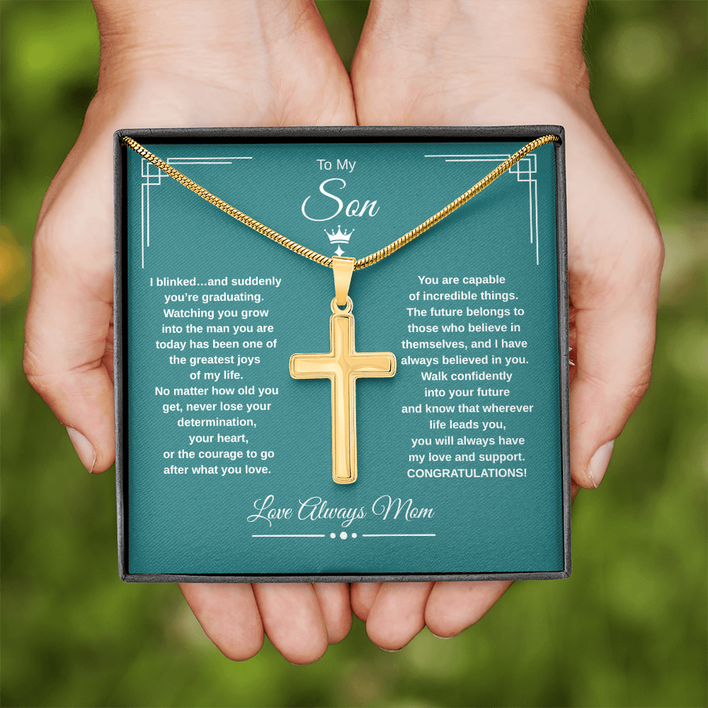 Gift To My Son From Mom “I Blinked…And Suddenly You're Graduating” Cross with Link Chain Necklace