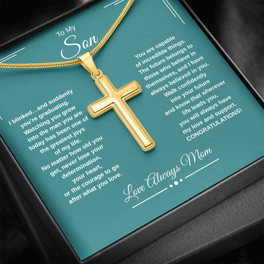 Gift To My Son From Mom “I Blinked…And Suddenly You're Graduating” Cross with Link Chain Necklace
