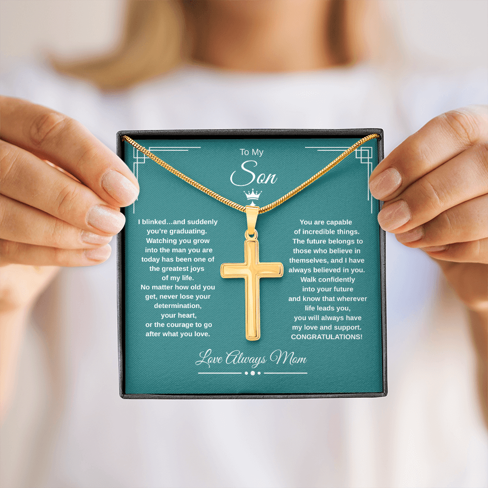 Gift To My Son From Mom “I Blinked…And Suddenly You're Graduating” Cross with Link Chain Necklace