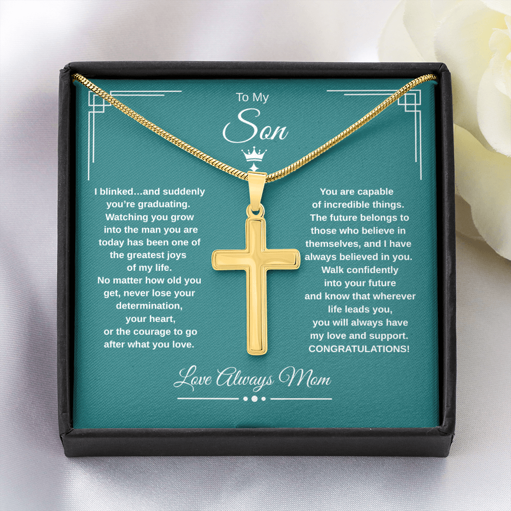 Gift To My Son From Mom “I Blinked…And Suddenly You're Graduating” Cross with Link Chain Necklace