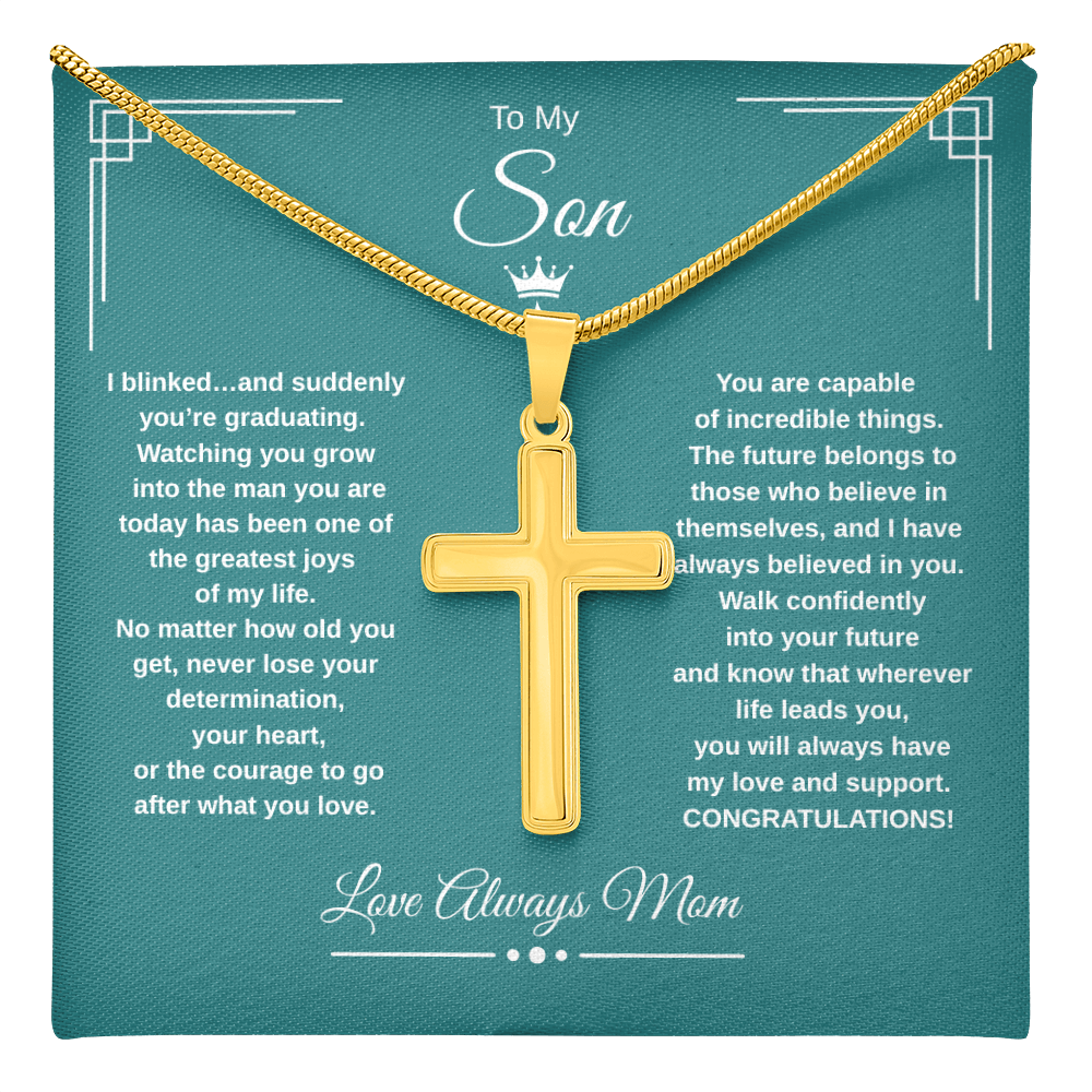 Gift To My Son From Mom “I Blinked…And Suddenly You're Graduating” Cross with Link Chain Necklace