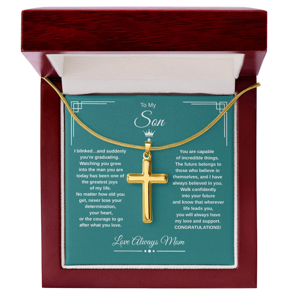 Gift To My Son From Mom “I Blinked…And Suddenly You're Graduating” Cross with Link Chain Necklace