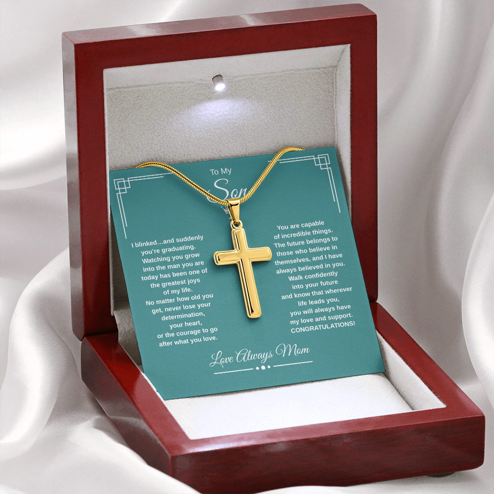 Gift To My Son From Mom “I Blinked…And Suddenly You're Graduating” Cross with Link Chain Necklace